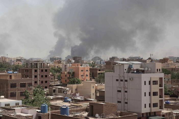 Smoke is seen rising from Khartoum's skyline, Sudan, Sunday, April 16, 2023. The Sudanese military and a powerful paramilitary group have been battling for control of the chaos-stricken nation.