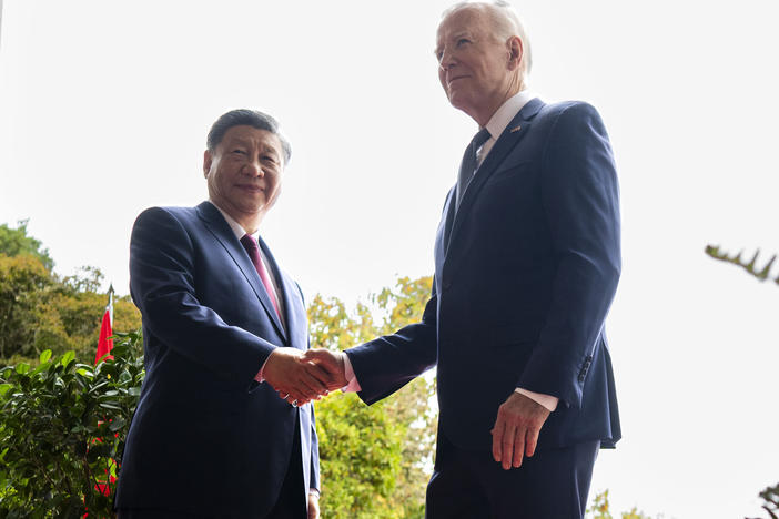 President Biden greets China's President President Xi Jinping Nov. 15, 2023, in California. China has agreed to curtail shipments of the chemicals used to make fentanyl, the drug at the heart of the U.S. overdose epidemic.