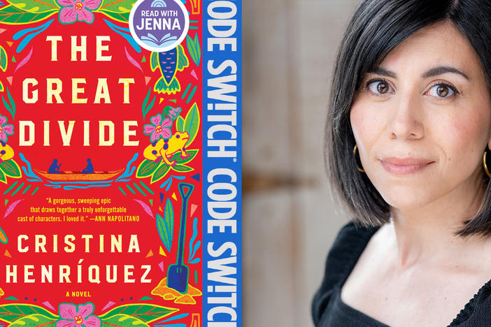 Author Cristina Henriquez next to the cover of her new novel, <em>The Great Divide.</em>