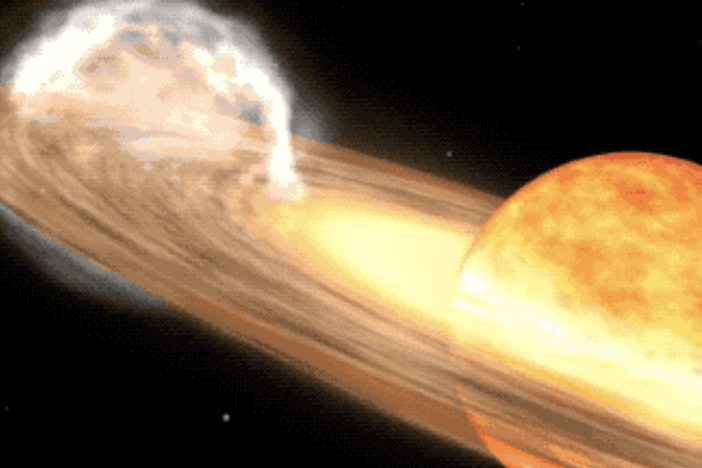 An artist's rendering shows the T Coronae Borealis star system, which contains a white dwarf and a red giant.