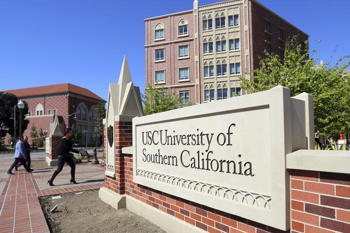 This March 12, 2019, file photo shows the University Village area of the University of Southern California in Los Angeles.