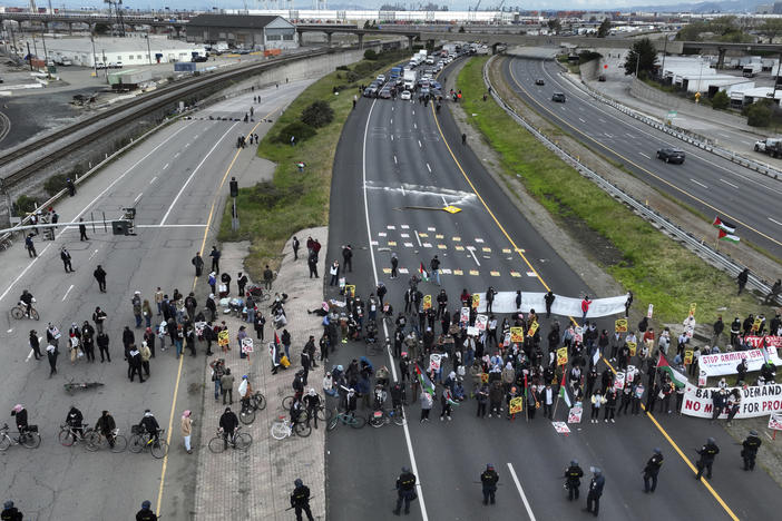 Protesters calling for a cease fire in Gaza shut down southbound traffic on Highway 880 in Oakland, Calif. on Monday, April 15, 2024.