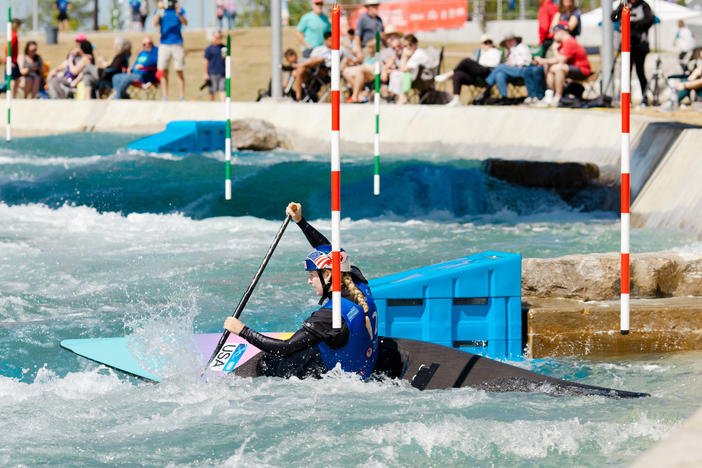 Evy Leibfarth navigates a slalom course at Montgomery Whitewater Park in Alabama. She won an Olympic trial there and punched her ticket to the Paris games this summer.