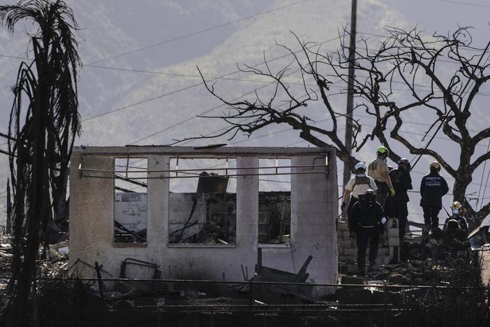 Search and rescue team members work in a residential area devastated by a wildfire in Lahaina, Hawaii, on Aug. 18, 2023.