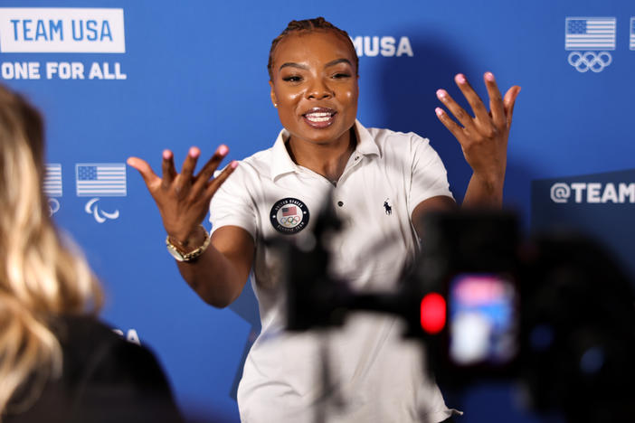 Boxer Morelle McCane speaks to reporters at the Team USA Media Summit on Monday in New York City.