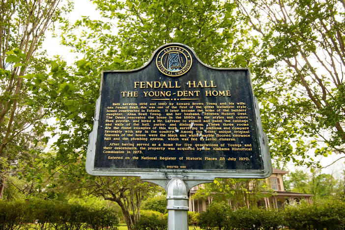 The historical marker that omits parts of the Young-Dent family's past is on the grounds of Fendall Hall in Eufaula. The back side of the marker says Edward Brown Young was a "banker, merchant and entrepreneur." The back side also says that he "organized the company which built the first bridge" in Eufaula and that his daughter married a Confederate captain in the "War Between the States."