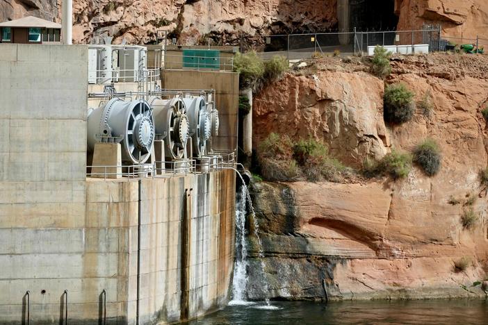 A set of four tubes known as the "river outlet works," pictured on Nov. 2, 2022, could soon be the only way for water to make it through Glen Canyon Dam. Recently-discovered damage to those tubes has raised questions about their role going forward.