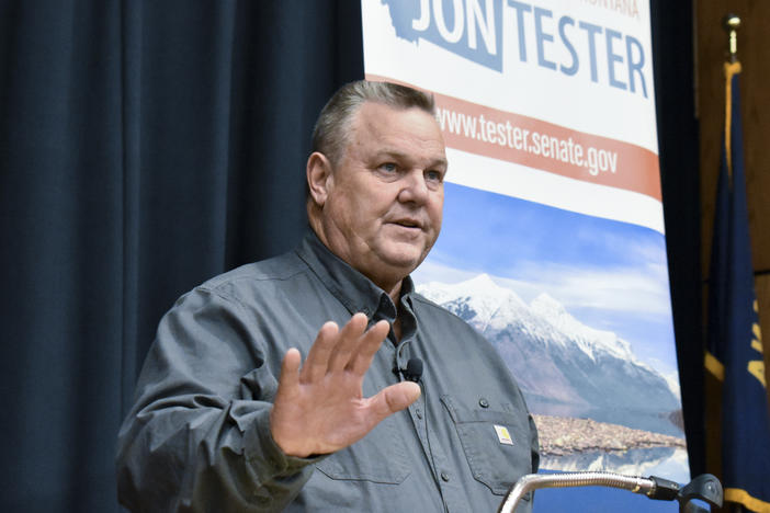 Sen. Jon Tester, D-Mont., speaks during a town hall hosted by the Democratic lawmaker at Montana Technological University, Nov. 10, 2023, in Butte, Mont.