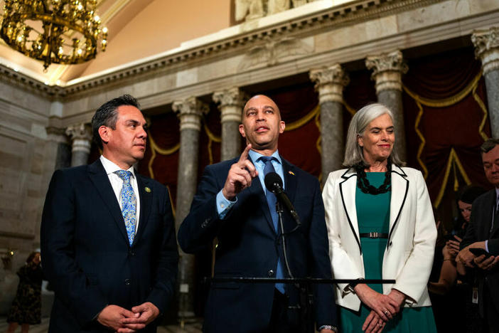 House Democratic Caucus Chair Pete Aguilar of California, House Minority Leader Hakeem Jeffries of New York and House Minority Whip Katherine Clark of Massachusetts speak during a news conference at the U.S. Capitol on Wednesday.
