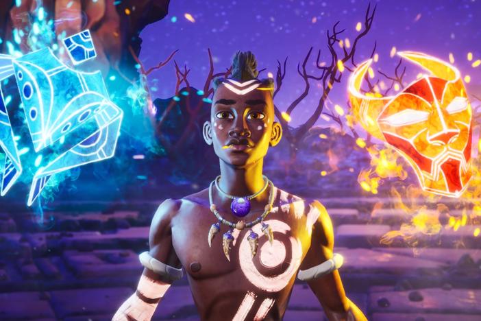 Protagonist Zau, flanked by the Masks of the Moon and Sun he'll use to fight through the enchanting world of Kenzera.