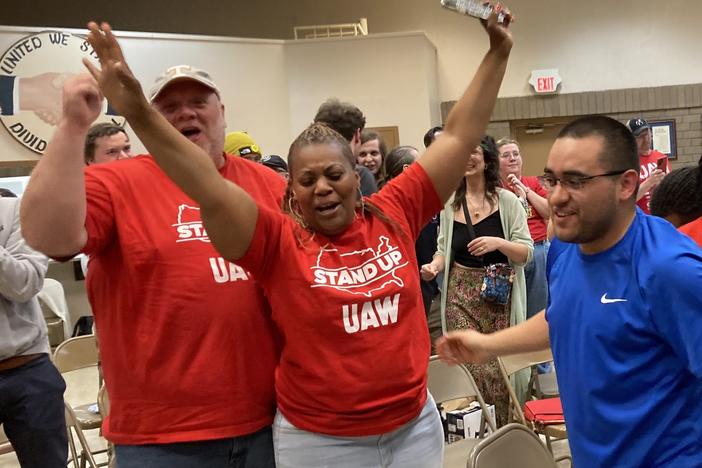Volkswagen workers in Chattanooga, Tenn., celebrate as results from the union election at the auto plant come in on April 19, 2024. The final tally was 2,628 in favor of unionizing and 985 against.