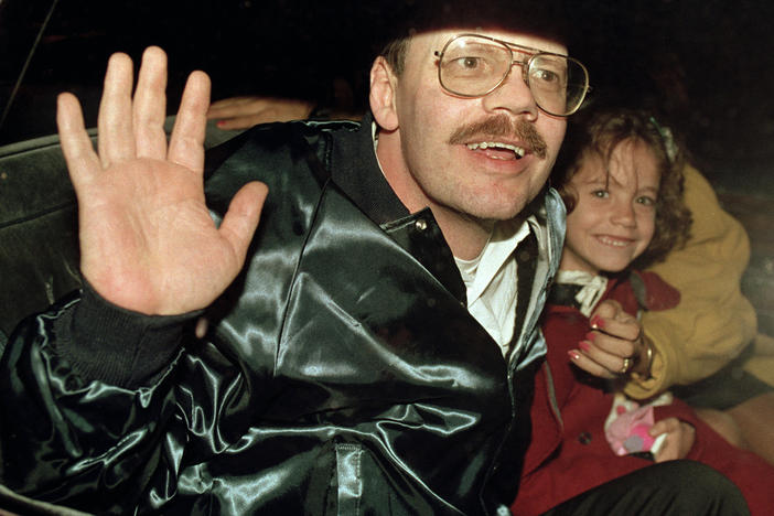 Terry Anderson, who was the longest held American hostage in Lebanon, grins with his 6-year-old daughter Sulome, Dec. 4, 1991, as they leave the U.S. Ambassador's residence in Damascus, Syria, following Anderson's release.