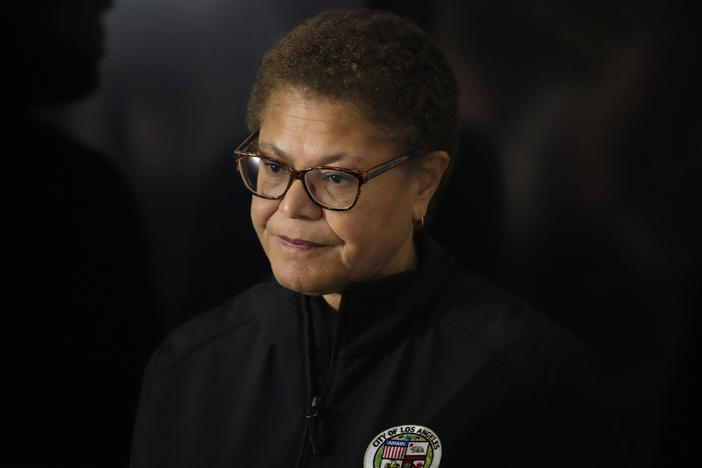 FILE - Los Angeles Mayor Karen Bass waits to speak during a news conference in Los Angeles, Jan. 24, 2023.