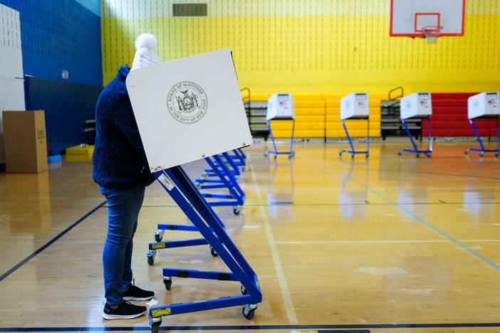 A person votes at a polling station in Manhattan during New York's presidential primary on April 2.