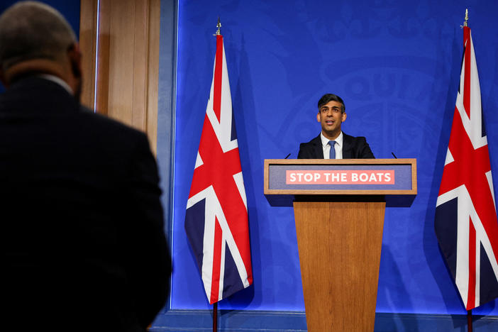 British Prime Minister Rishi Sunak speaks during a press conference in London on Monday regarding a treaty between Britain and Rwanda to transfer asylum-seekers to the African country.
