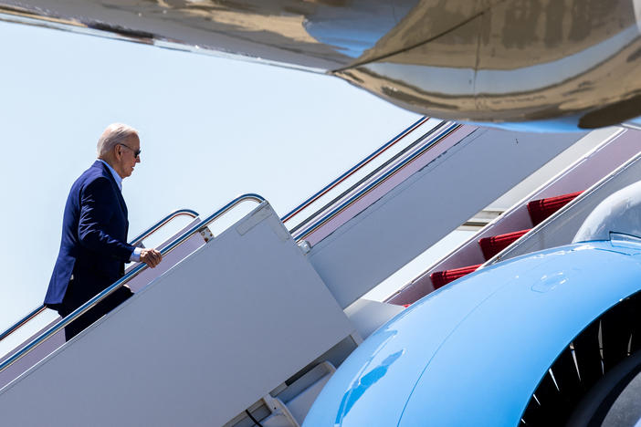 President Biden boards Air Force One in New Castle, Del., on April 22. On Tuesday, he's campaigning in Florida.