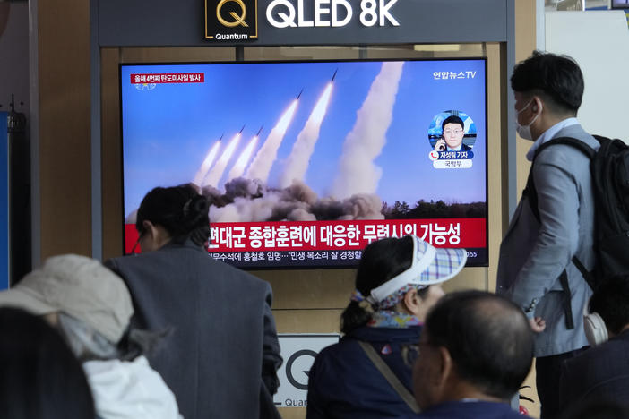 A TV screen shows a file image of a North Korean missile launch during a news program at the Seoul Railway Station in South Korea on April 22, 2024. North Korea fired multiple suspected short-range ballistic missiles toward its eastern waters on Monday, South Korea's military said.