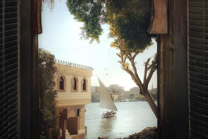 El Massry took this photo of a felucca sailing down the Nile in the south of Cairo on a morning in 2022. He digitally framed the image with a photo of a window in an old antique shop, and in his signature style, added a bird or two.