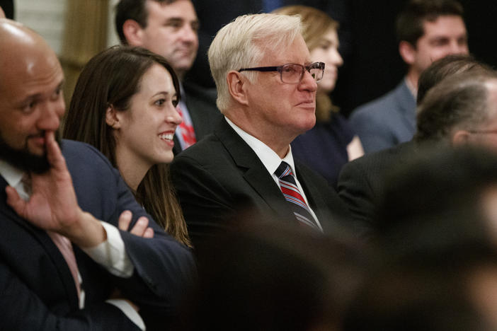 Jim Hoft, owner of the Gateway Pundit, at the White House in 2019. The website has been hit with defamation lawsuits related to 2020 election fraud conspiracy theories it is accused of spreading.