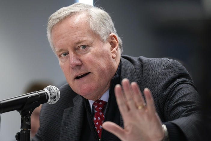 Former Trump White House Chief of Staff Mark Meadows speaks during a forum on Nov. 14, 2022. Meadows has been indicted in Arizona for his alleged efforts to keep former President Donald Trump in power.