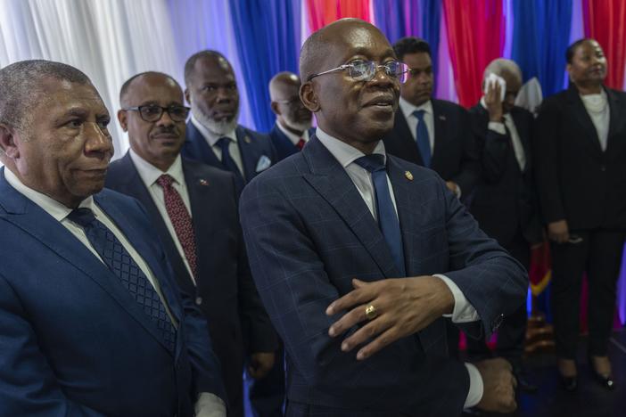 Michel Patrick Boisvert (center), who was named interim prime minister by outgoing Prime Minister Ariel Henry, attends the swearing-in ceremony of the transitional council tasked with selecting Haiti's new prime minister and cabinet, in Port-au-Prince, Haiti.