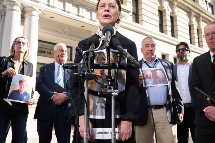 Catherine Berthet of France, whose daughter Camille was killed in the 2019 crash of Ethiopian Airlines Flight 302, speaks Wednesday alongside other family members of victims after meeting with Justice Department officials.