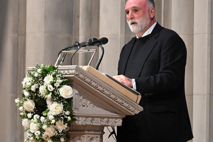 World Central Kitchen Founder José Andrés speaks Thursday at the Washington National Cathedral during an interfaith memorial service for the seven workers from the group who were killed in Gaza.