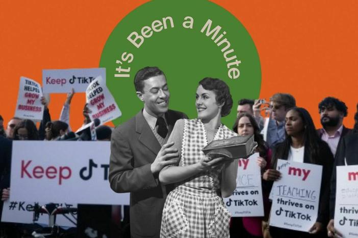 People gather for a press conference about their opposition to a TikTok ban. A couple looking at a cake.