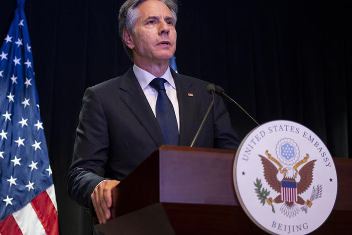 Antony Blinken, Secretary of State at the United States of America speaks at a press conference at the U.S. Embassy in Beijing, China.