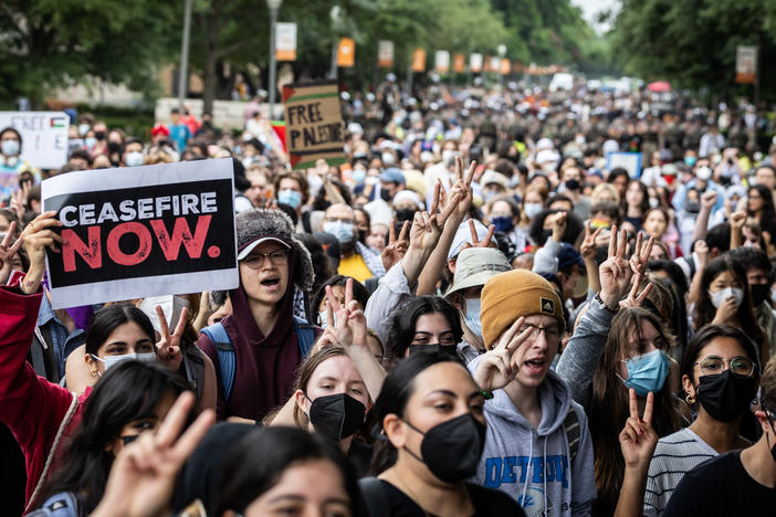 Students take part in a pro-Palestinian walkout and protest on April 24, 2024, at the University of Texas at Austin.