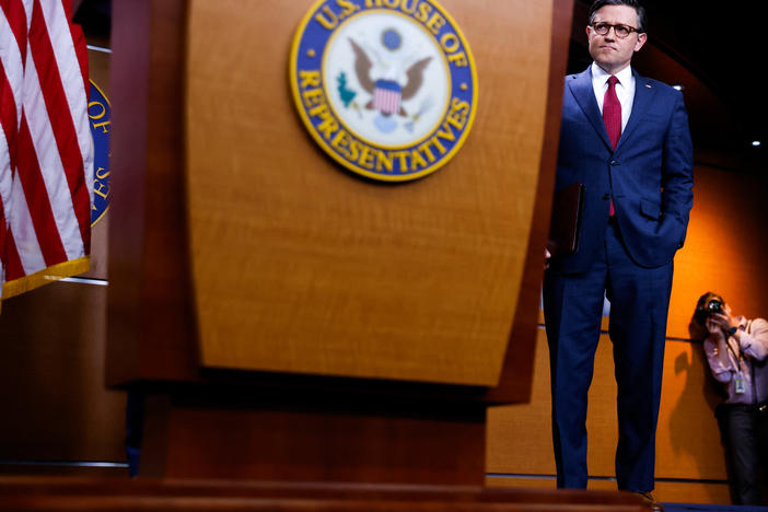 Speaker of the House Mike Johnson attends a news conference at the U.S. Capitol earlier this month.