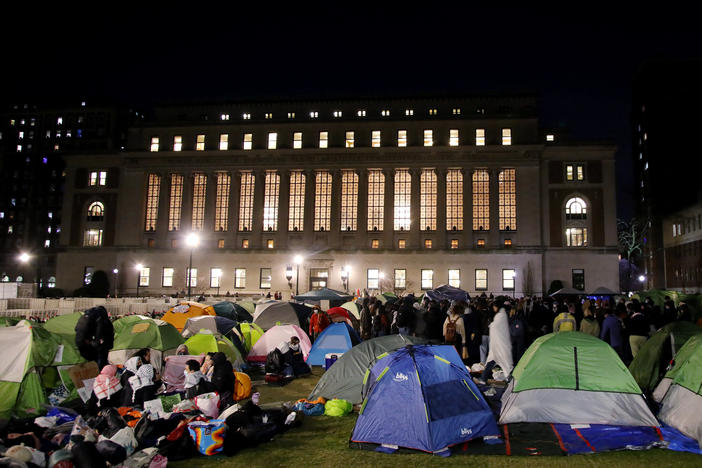 Pro-Palestinian protesters gather at an encampment on the Columbia University campus in New York City on April 25, 2024.