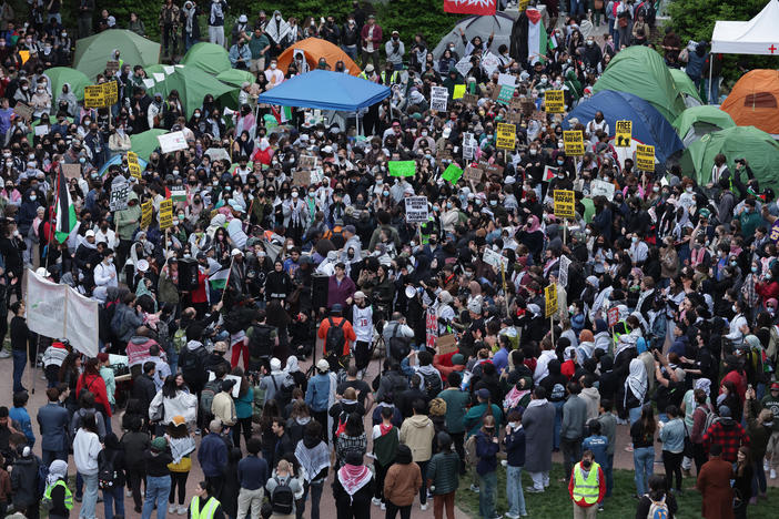 Activists and students participate in an encampment protest at the University Yard at George Washington University on Thursday.