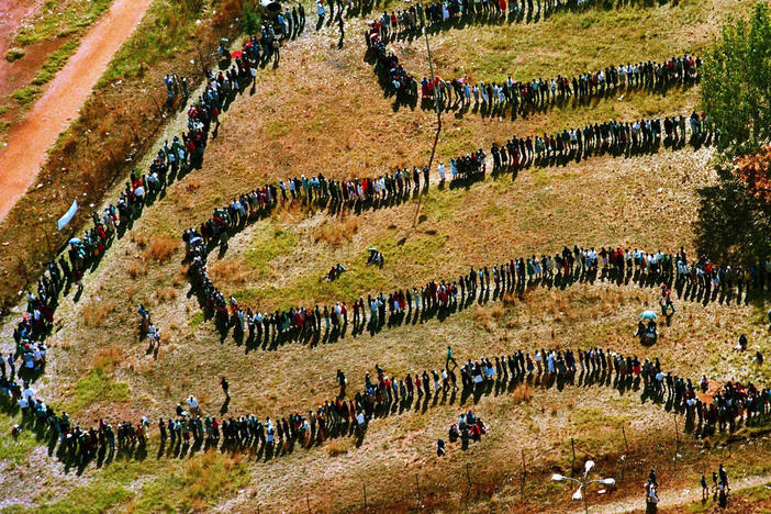 People queue to cast their votes In Soweto, South Africa April 27, 1994, in the country's first all-race elections. South Africans celebrate "Freedom Day" every April 27.
