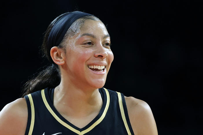 Candace Parker #3 of the Las Vegas Aces is pictured at Michelob Ultra Arena on July 1, 2023 in Las Vegas. Parker announced her retirement on Sunday.