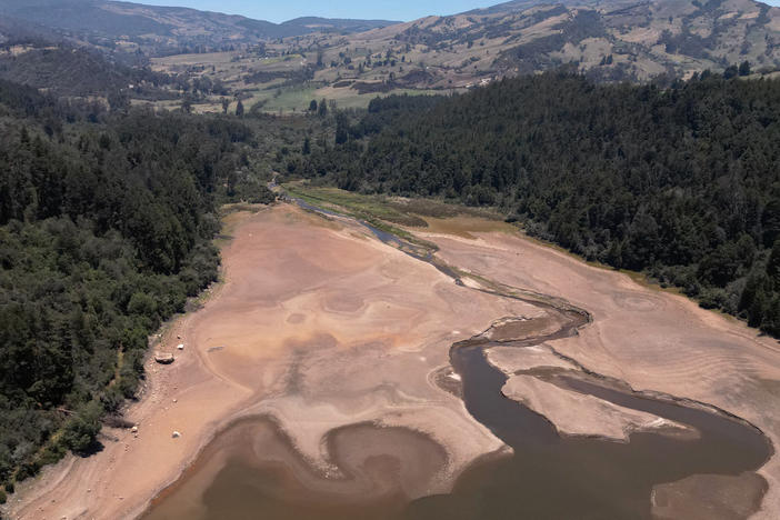 An aerial view of Colombia's Regadera Reservoir in Usme, near Bogotá, April 16. Colombia's capital of Bogotá imposed water rations due to a severe drought aggravated by the El Niño.
