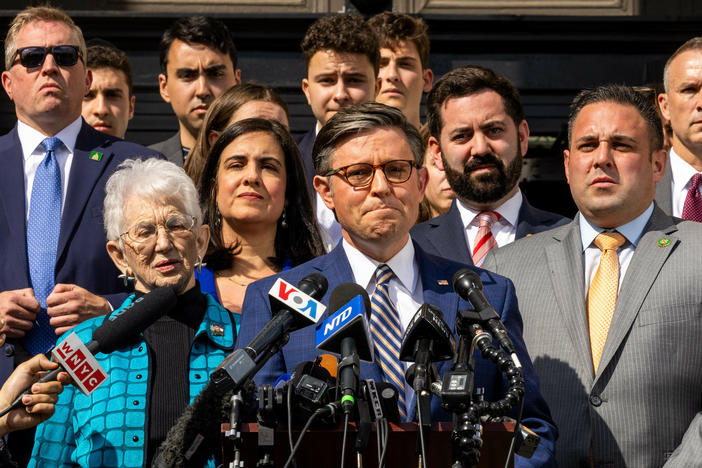 Speaker of the House Mike Johnson visited Columbia University on April 24 to meet with Jewish students and make remarks about concerns that the ongoing demonstrations have become antisemitic.