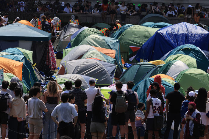 Dozens of tents are seen on a lawn inside the Columbia University Campus after students refused to take down the encampment by the 2 p.m. EDT deadline given to students protesting by Columbia President Minouche Shafik.