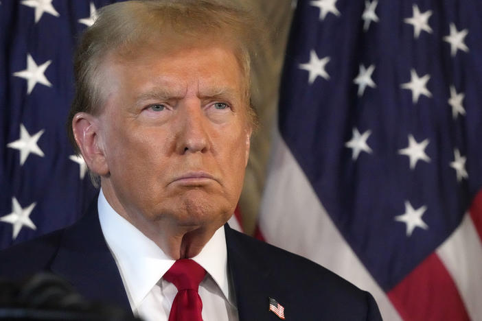Republican presidential candidate and former President Donald Trump attends a news conference with Speaker of the House Mike Johnson, R-La., on April 12, at Mar-a-Lago in Palm Beach, Fla.
