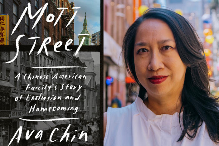 Author Ava Chin poses next to the cover of her recent book, <em>Mott Street: A Chinese American Family's Story of Exclusion and Homecoming</em>