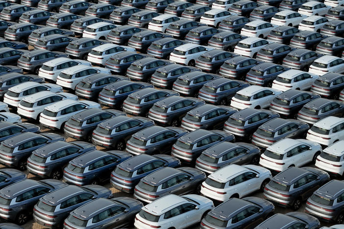 BYD electric cars wait to be loaded onto a ship at a port in Yantai, China, on April 18. China has rapidly become a major auto exporter, but tariffs have kept cheap Chinese EVs out of the U.S. market — so far.