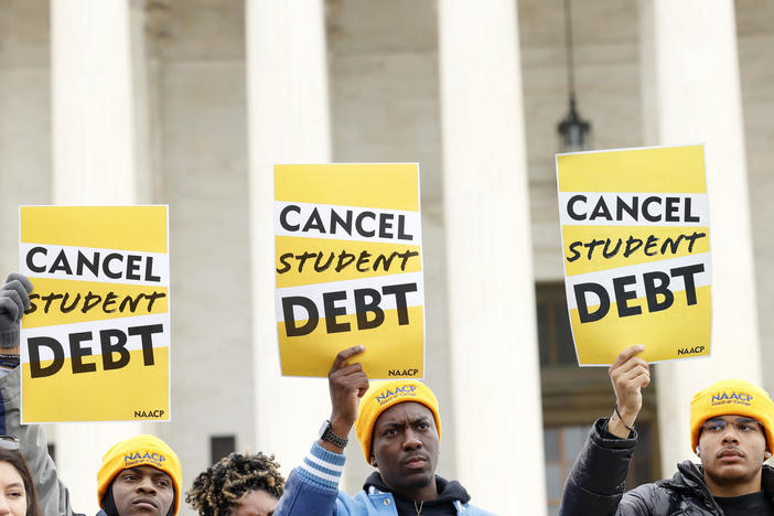 Student loan borrowers and advocates gather for the People's Rally To Cancel Student Debt During The Supreme Court Hearings On Student Debt Relief on February 28, 2023 in Washington, DC.
