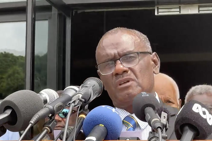 In this image from a video, Solomon Islands Prime Minister-elect Jeremiah Manele speaks during a press conference in Honiara, Solomon Islands, on Thursday.