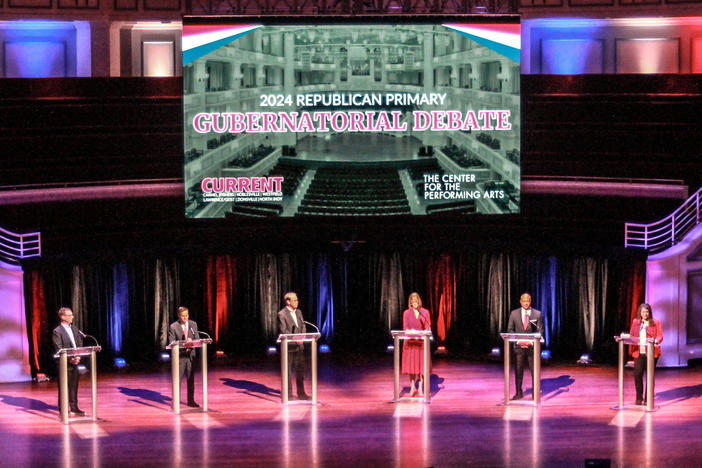GOP Indiana gubernatorial candidates Mike Braun, Brad Chambers, Suzanne Crouch, Eric Doden, Curtis Hill and Jamie Reitenour debate during a forum on March 11, 2024.