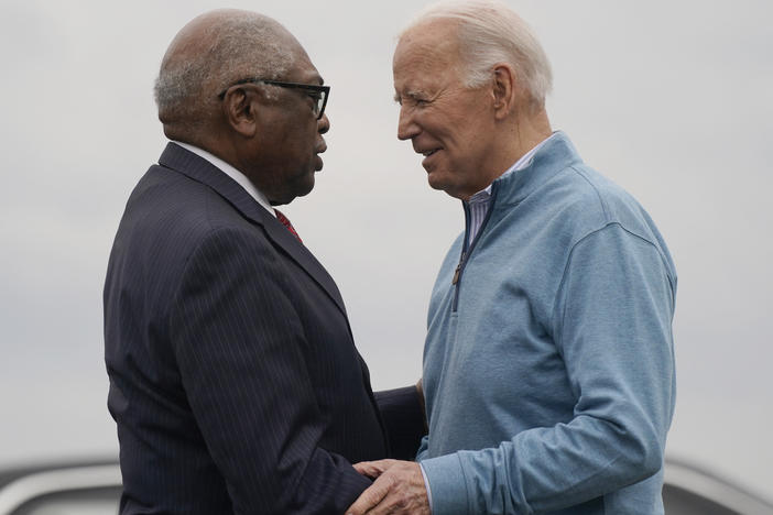 President Biden is welcomed by Rep. Jim Clyburn, D-S.C. on Jan. 27, 2024, as he campaigned ahead of the South Carolina Democratic primary.