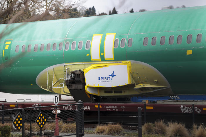 Joshua Dean, who died on Tuesday, had gone public with his concerns about defects and quality-control problems at Spirit AeroSystems, a major supplier of parts for Boeing. Here, a Spirit AeroSystems logo is seen on a 737 fuselage sent to Boeing's factory in Renton, Wash., in January.