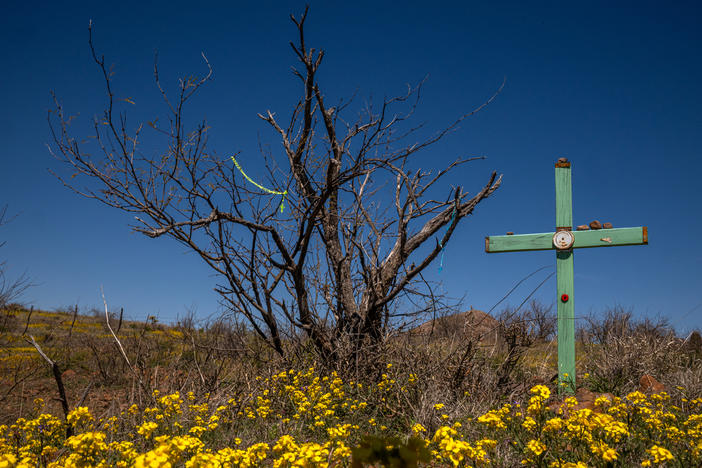 Álvaro Enciso places crosses at sites where migrants are known to have died in the borderland, this cross represents the death of Nolberto Torres-Zayas just east of Arivaca, Arizona on Wednesday, March 27, 2024. Torres-Zayas died of hyperthermia in 2009, not far from a Humane Borders water cache that had been vandalized and drained.