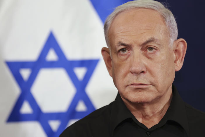 Israeli Prime Minister Benjamin Netanyahu attends a press conference in the Kirya military base in Tel Aviv, Israel on Oct. 28, 2023. Netanyahu's government has voted to shut down Israel-based offices of Al Jazeera.