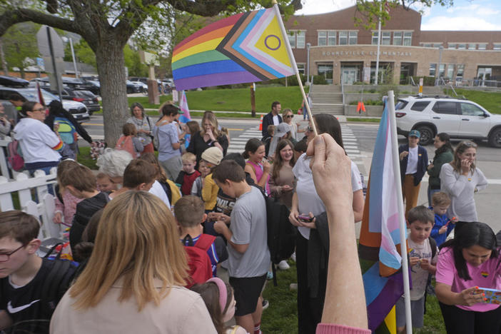 Bonneville Elementary School parents and students gather during a block party supporting trans and non binary students and staff Monday, April 29, 2024, in Salt Lake City.