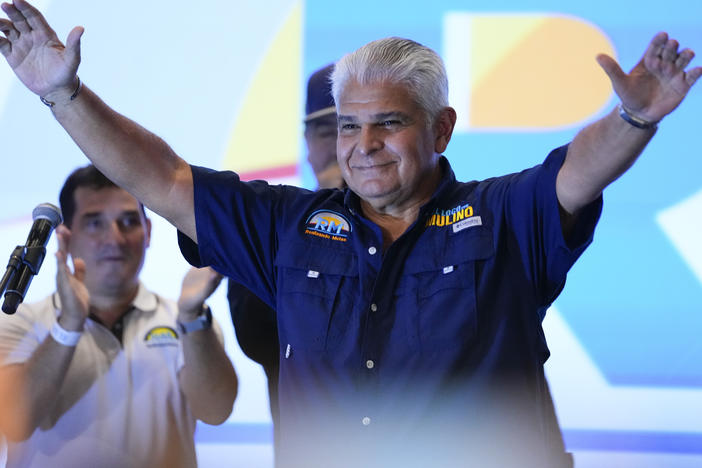 Presidential candidate Jose Raul Mulino, of the Achieving Goals party, celebrates after winning on the day of the general electing in Panama City, on Sunday.
